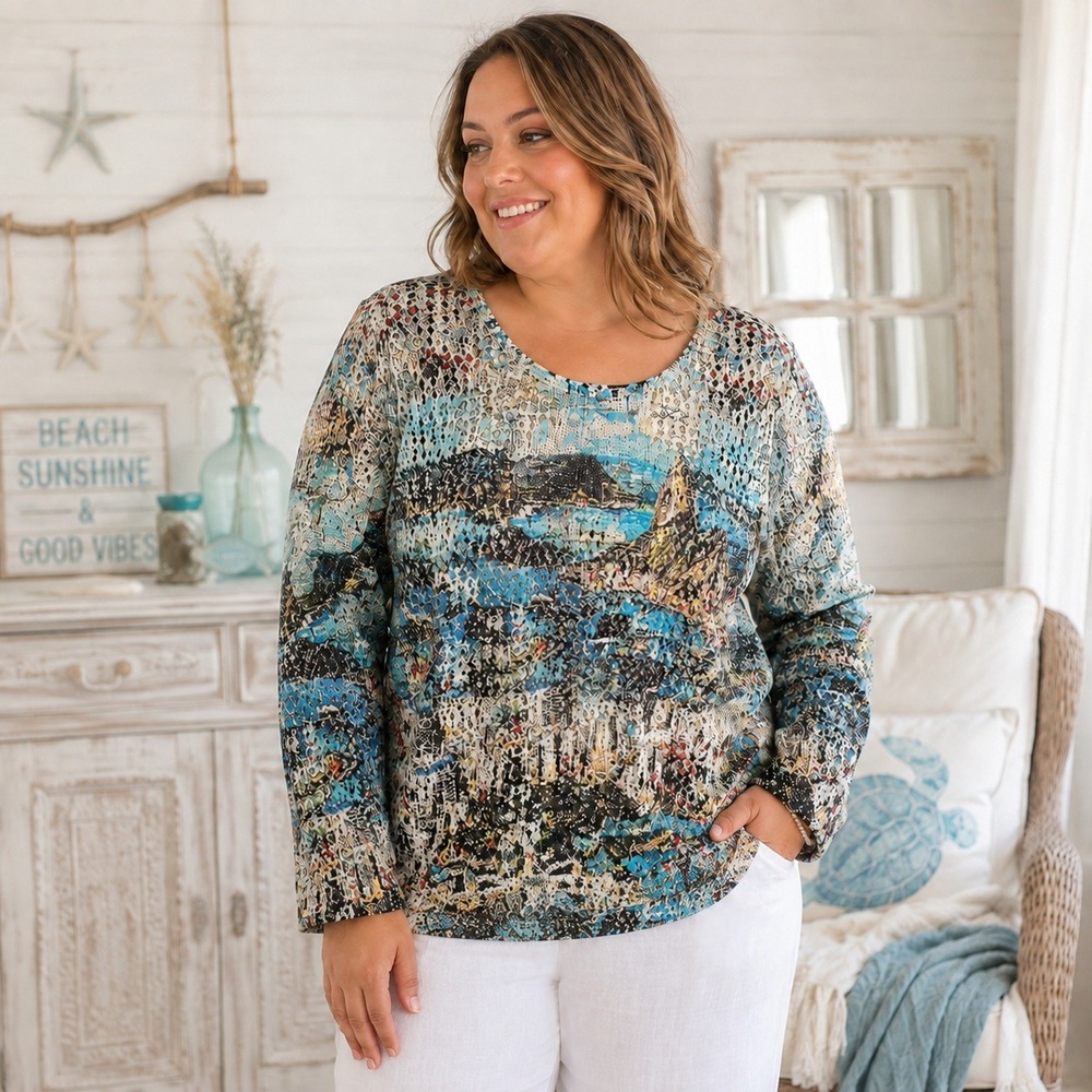 FDJ coastal print crochet sweater XL blue white gray nautical